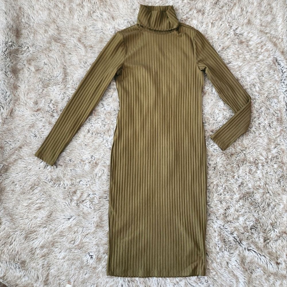 Marciano Long Sleeve Turtleneck Ribbed Midi Dress‎ Olive Green Women's Medium